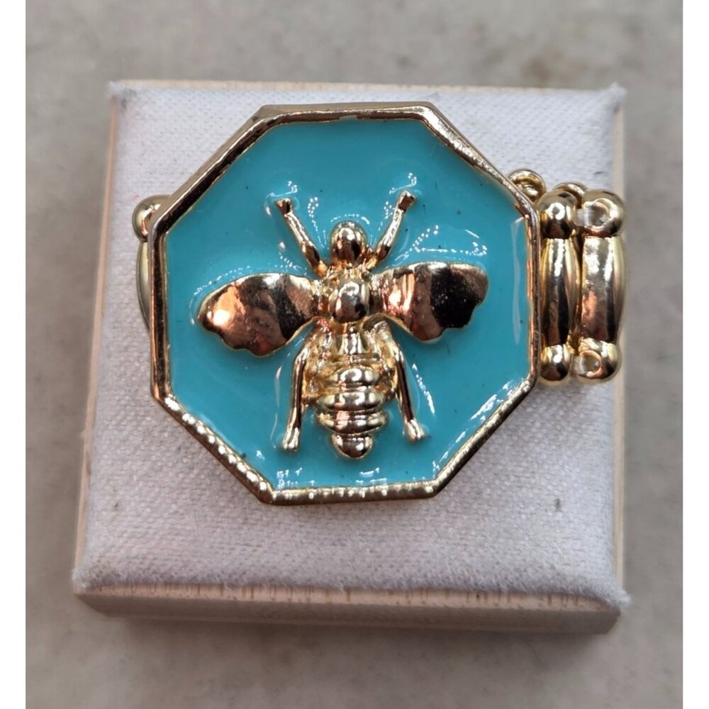 Gold-Tone Bee Statement Ring With Turquoise Enamel Octagon Design Adjustable Siz